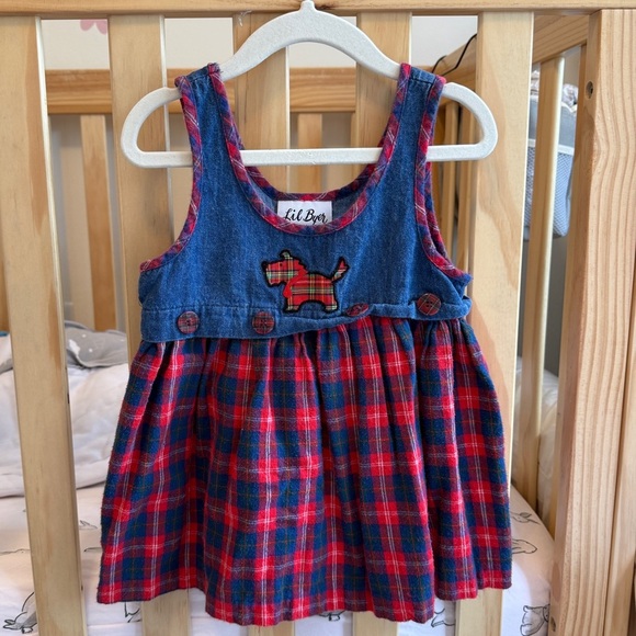 Vintage 90s Y2K Overall Skirtall Dress Plaid Flannel Scottie Dog  3T Lil Byer - Picture 1 of 3